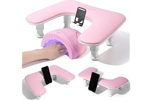 QUAFEREN Arm Rest for Nails Tech: 3rd Generation Manicure Nail Arm Rest with Rotating Phone Stand, U-Shaped Height Adjustable Hand Rest Pillow for Acrylic Nails Pink