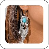 Andelaisi Boho Turquoise Leaf Drop Earrings Silver Tribal Feather Tassel Earrings Vintage Turquoise Leaf Dangle Hook Earrings Ethnic Turquoise Earrings Jewelry for Women