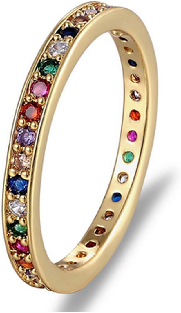 Oudiy Thin Baguette Rainbow Cz Gold Ring for Women Engagement Wedding Band Charm Jewelry
