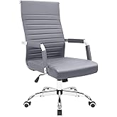 KaiMeng Ribbed Office Desk Mid Back Computer Chair Height Adjustable Conference Executive Task Swivel PU Leather (Grey)