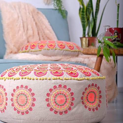 Mandala Life ART Bohemian Yoga Decor Pouf Ottoman - 24x8 inches - Stuffed with Premium Filler - Round Red Mediation Pillow - Cotton Floor Cushion