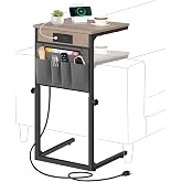 HOOBRO Side Table for Couch, Adjustable Height C Shaped End Table | Slide Under Couch Table with Charging Station, Storage Pockets, Sofa Armrest table for Living Room, Bedroom, Greige