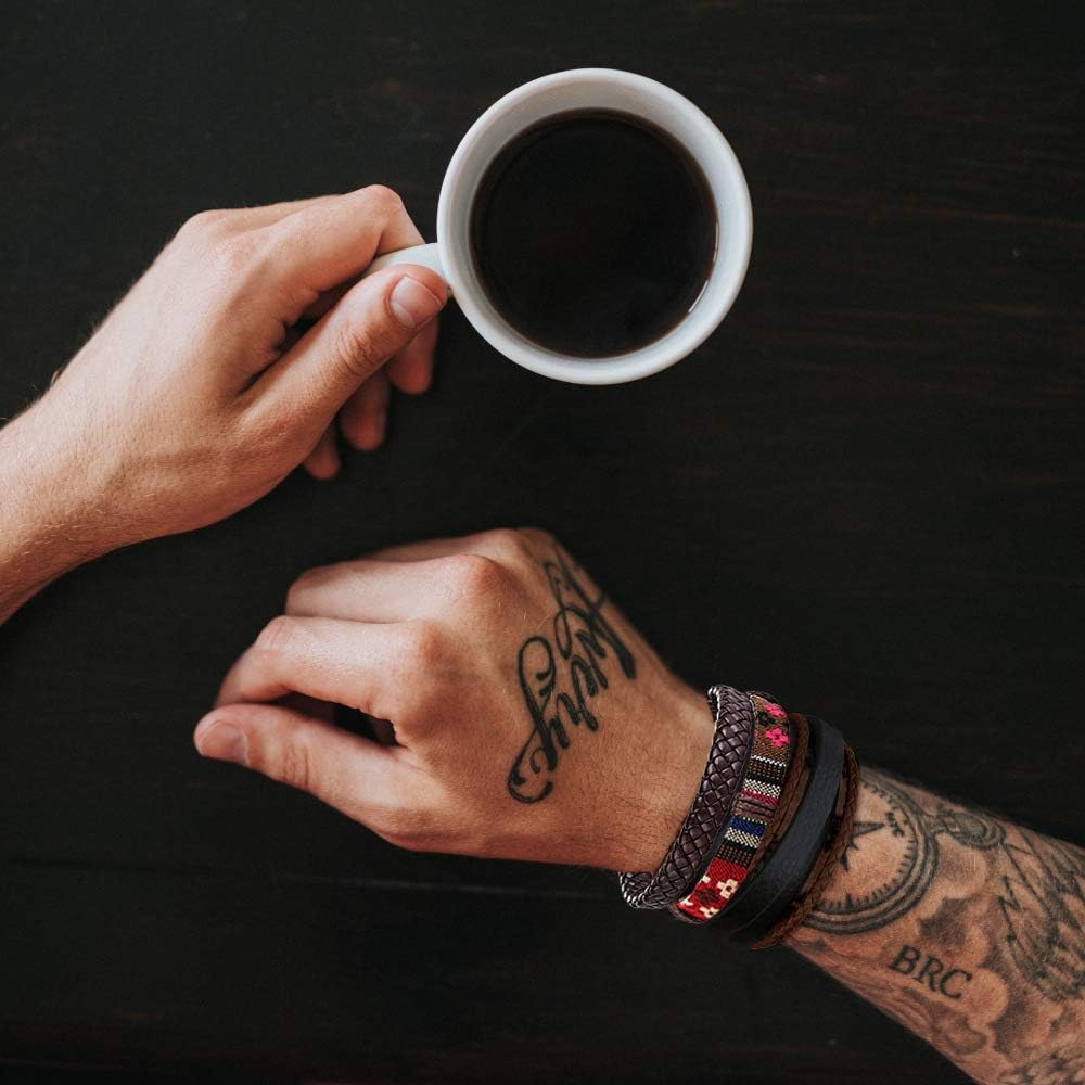 FIBO STEEL 32 Pcs Braided Leather Bracelets for Men Women Wooden Beads Cool Hemp Tribal Wristbands Cuff Punk Multilayered Bracelets: Clothing