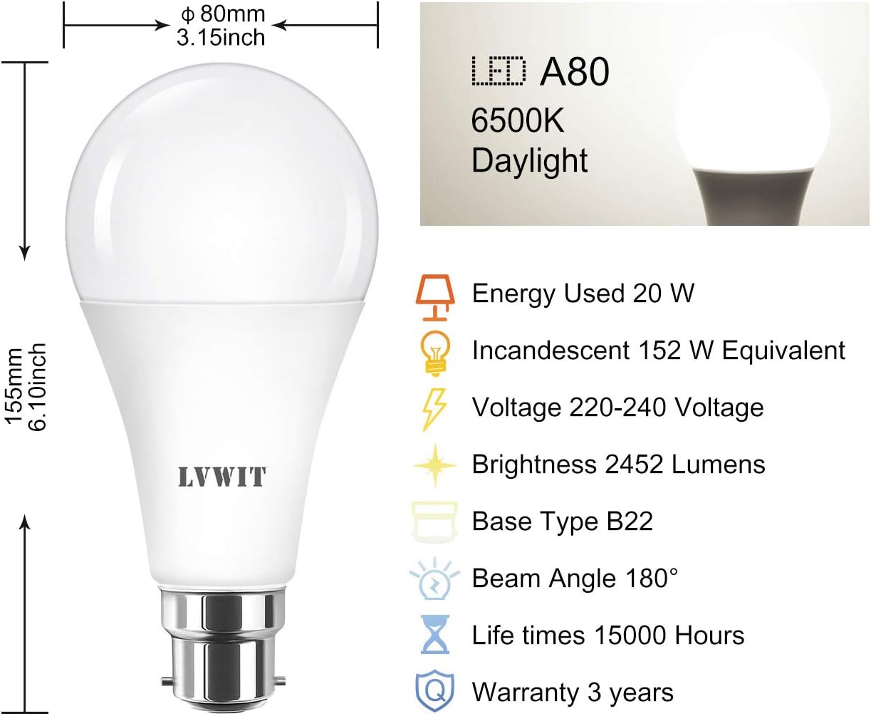 LVWIT Daylight 20W B22 LED Light Bulb,Led Bayonet Bulbs Cold White 2452LM,Replace to 152W, 6500K Bright White, Non-Dimmable - Image 4