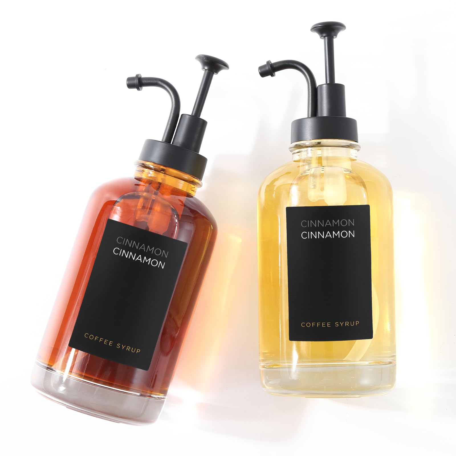 Joyfulmap 2 Coffee Syrup Dispenser with 18 Labels, Black Pump Dispenser with Bottles for Coffee Bar, Minimalist Glass Coffee Bottle, Simple Coffee Syrup Bottles with Black Labels, 500ml