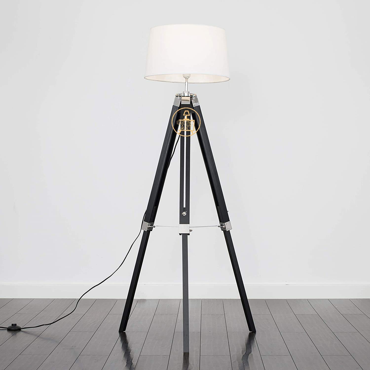 Exotic Art Black Polished Wooden Chrome Bed Side Lamp for Living Room Floor Lamp Tripod Style