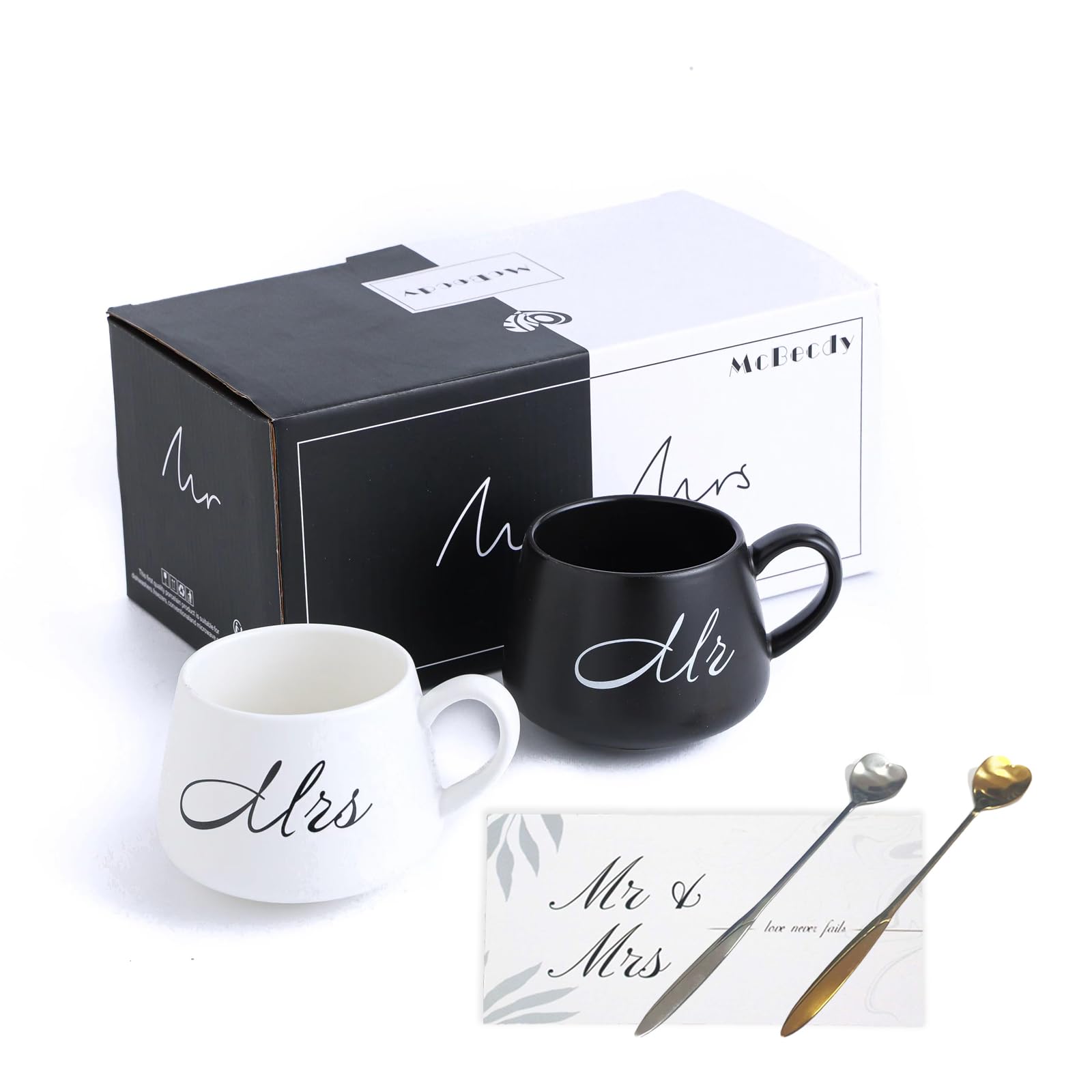McBecdy Mr and Mrs Mugs Set of 2-400ml Mr & Mrs Coffee Mugs with Spoon - Ceramic Couples Cups Wedding Gift for Newlyweds, Engagement, Valentine's Day, Anniversary, Christmas