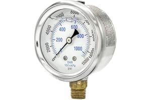 PIC Gauges PRO-201L-254V 0-15000 PSI Pressure Gauge, 2 1/2" Dial, 1/4" Male NPT Connection, Bottom Mount, Dual Scale, Glycerin Filled, Stainless Steel Case/Bezel, Brass Internals & Plastic Lens, -30/0/30