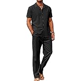 COOFANDY Men 2 Piece Linen Outfit Beach Button Down Shirt Casual Loose Pant Sets