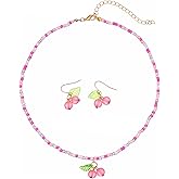 Zuvexe Cherry Necklace Earrings Sets for Women Dainty Gold Cherry Earrings and Necklace Jewelry Set Cute Fruit 3D Charm Necklaces Summer Beach Jewelry