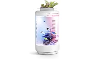 FZONE 1.2Gal Small Fish Tank with Plant Pot, All-in-one Desktop Aquarium Kit with Adjustable 4 Color Light Modes,20dB Filtrat