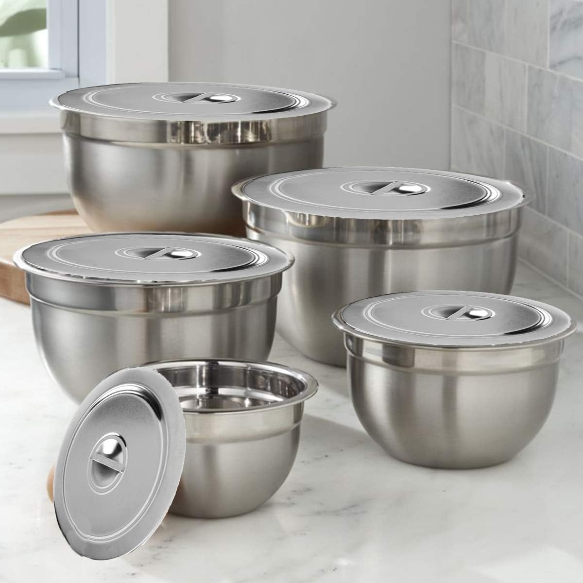 Kitchen Kemistry Edition 2019 Stainless Steel German Bowl Set with Steel Lid of 5 Piece with 5 Different Sizes- 14, 18, 22, 26, 30 cm