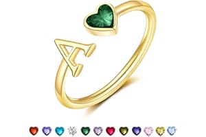 GLEZZA Initial Rings for Women Teen 14K Gold Plated Birthstone Rings Stackable Dainty Letter Rings Christmas Birthday Birthstone Jewelry Gifts for Mother Daughter,Adjustable Size 5-10