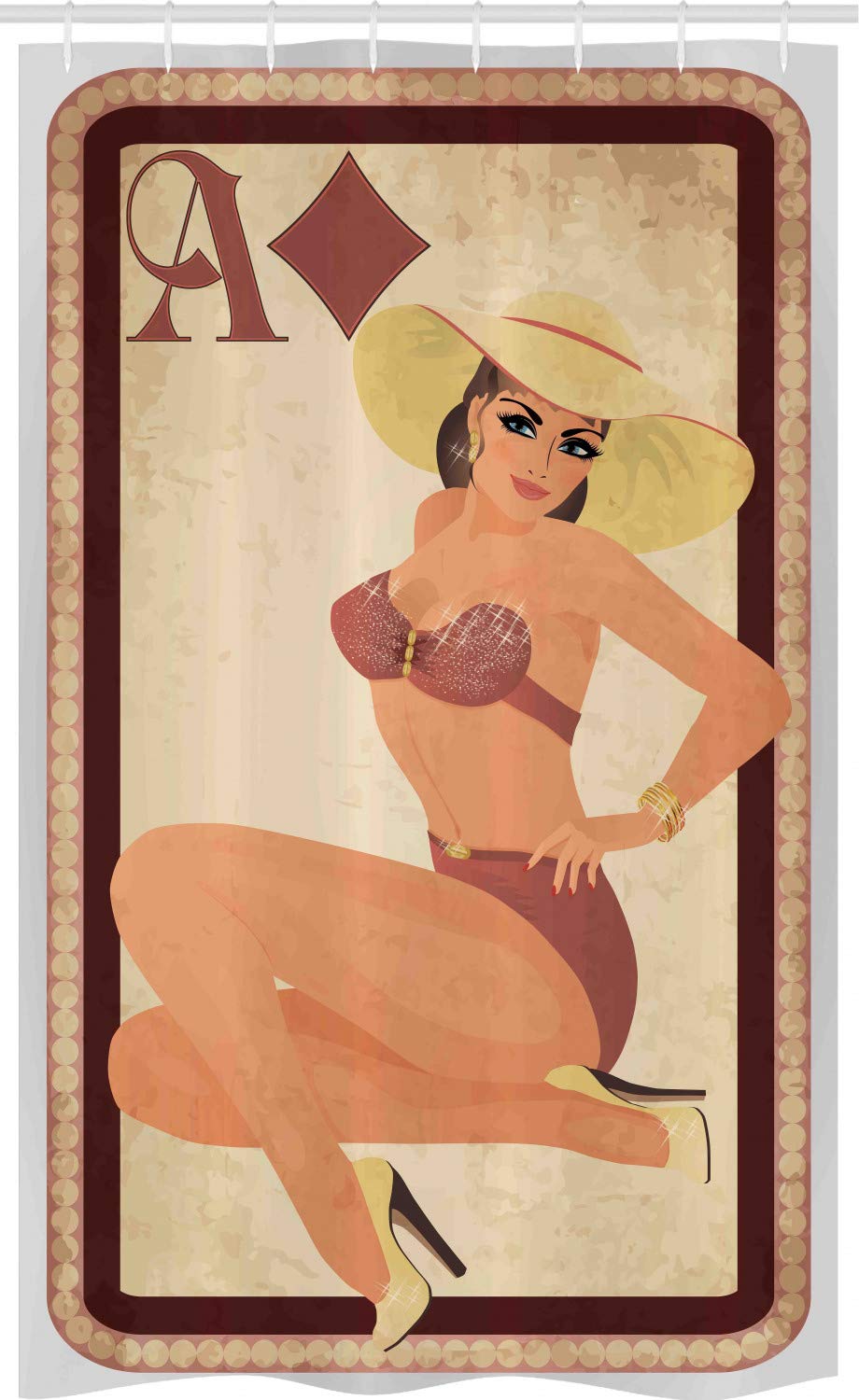 ABAKUHAUS Pin up Girl Stall Shower Curtain, Diamonds Poker, Fabric Bathroom Decor Set with Hooks, 47" x 70", Multicolor