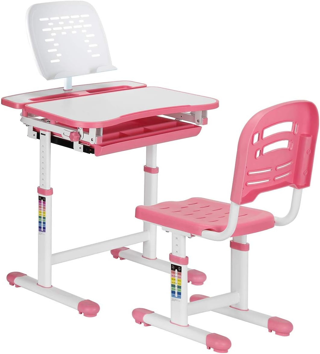 KIDOMATE Kids Height Adjustable Study Table - Split Desk (Desk Size : 705x545 mm) with Grooved Holders, Book Stand, Auto Height Lock and Tiltable Desk - Maintains Posture & Comfort - Pink with 1 Year Warranty and Lifetime Product Support