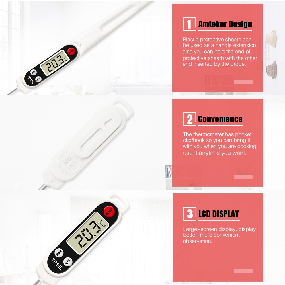 Amteker Fast Digital Meat Thermometer, Electronic Cooking Instant Read and Food Thermometer for Kitchen, BBQ, Poultry, Cooking, Baking (Battery Included)