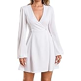 Parthea Women's Long Sleeve V Neck Mini Work Dress A Line Swing Short Lantern Sleeve Wrap Button Formal Dress