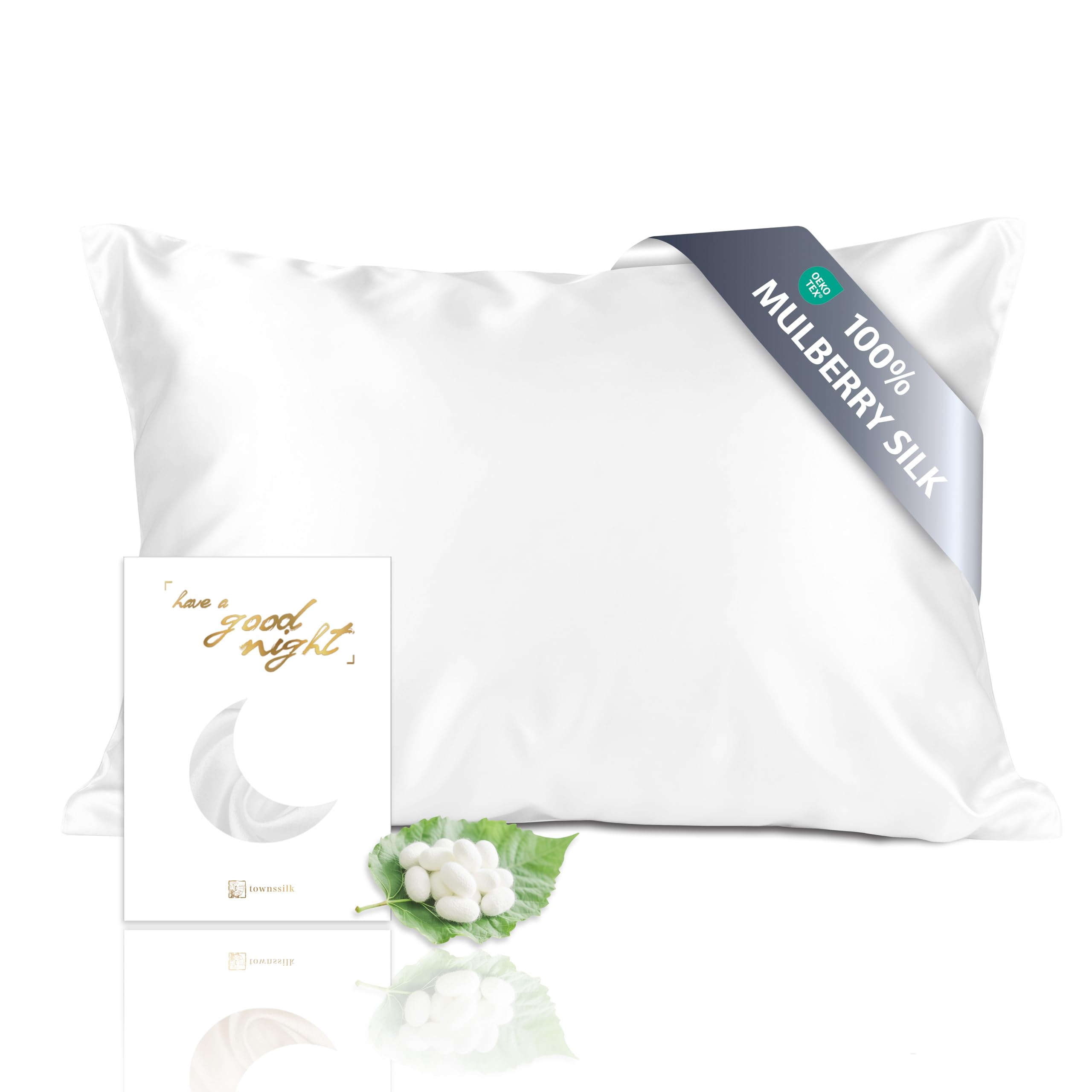 townssilk Both Side 100% 19mm Silk Pillowcase 40x80cm Pillow Case Cushion Cover with Hidden Zipper White
