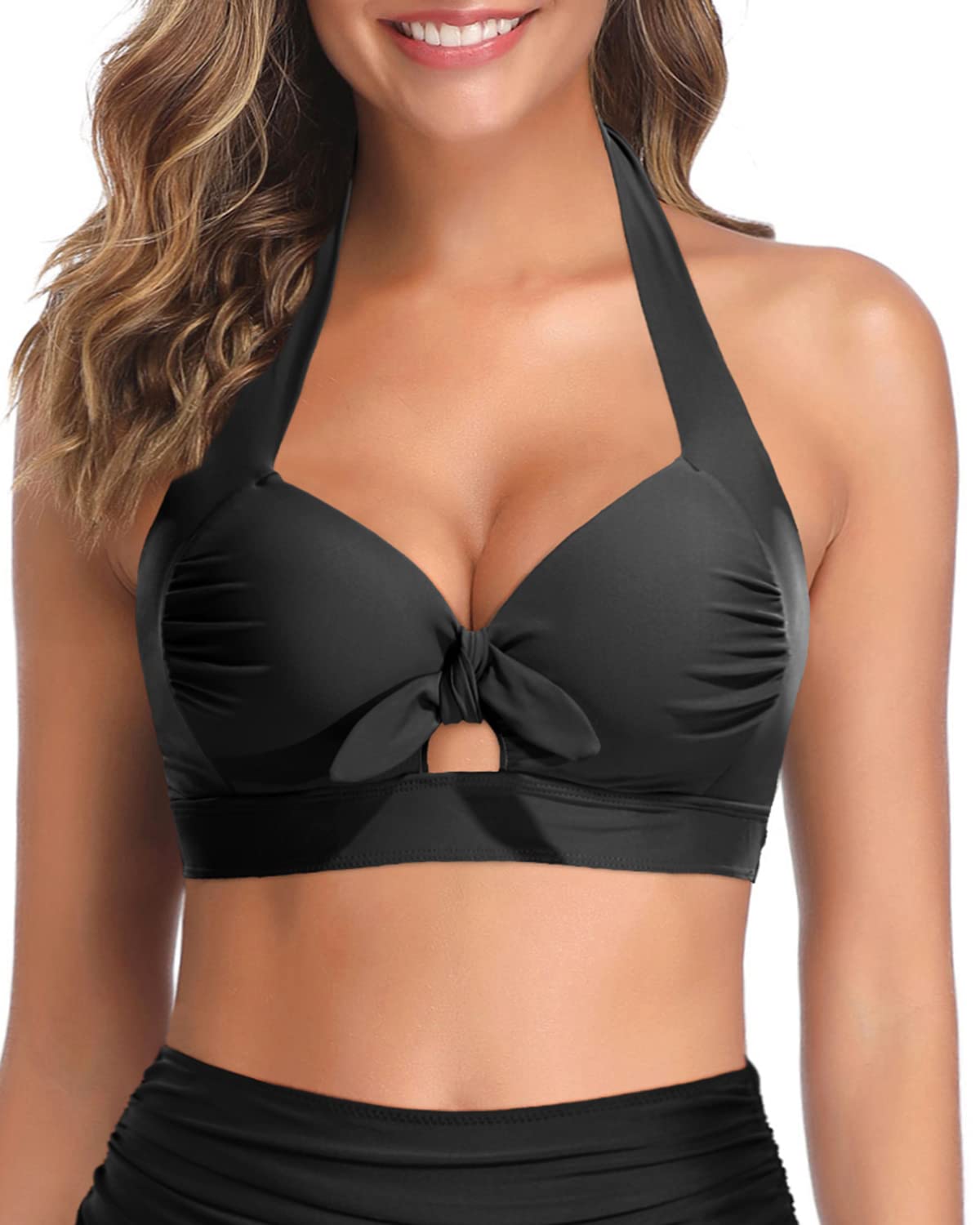 Photo 1 of (see all images) Tempt Me Women's Solid Black Bikini Top - Push Up Halter Retro Bathing Suit - Tie Knot - Padded Swimsuit Top Only M