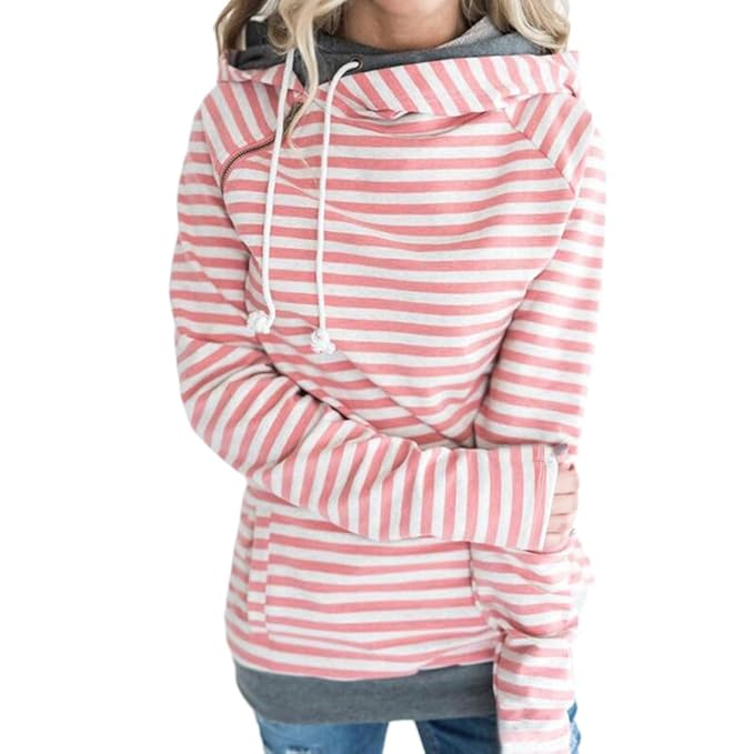 Newbestyle Pulli Damen Gestreift Sweatshirt Pullover Hoodies Langarm Kapuzenpullover Tops mit schrägem Reißverschluss