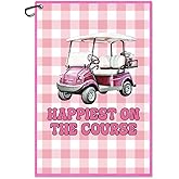 Juoqg Happiest on The Course Pink Golf Towel, Funny Golf Bag Towel with Clip, Golfing Accessories for Women, Golfing Gifts for Ladies Mom Grandma Golfer, Birthday Gifts for Sport Lover Sister Friend
