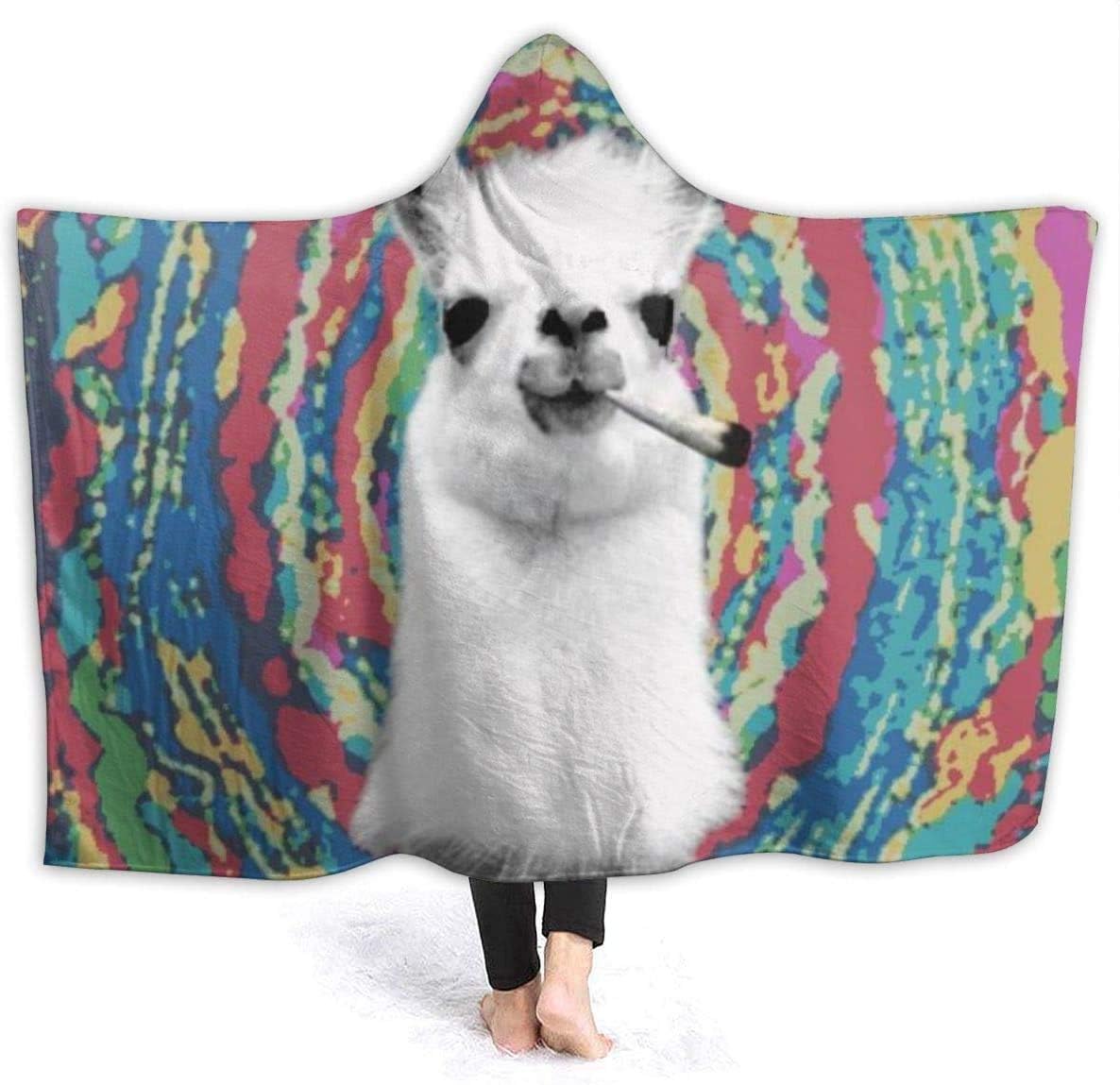 Leyhjai Llama Smoking Weed Tie Dye Flannel Fleece Blanket Hoodie