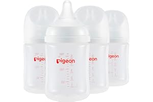Pigeon PP Nursing Bottle Wide Neck, Anti-Colic, Streamlined Body, Natural Feel, Easy to Clean, 5.4 Oz (Pack of 4), Includes 4pcs SS Nipples (0m+)
