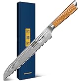 HOSHANHO Bread Knife 8 Inch, Damascus Steel Bread Kitchen Knife with Ergonomic Olive Wood Handle, Professional Ultra-Sharp Serrated Knife for Homemade Bread, Sourdough Bread Cutting