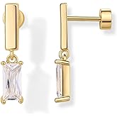 PAVOI 14K Gold Plated 925 Sterling Silver Posts Mini Bar Drop Dangle Flatback Earrings for Women | Dainty Helix Cartilage Piercing Jewelry | Baguette Bezel Marquise Pearl Cubic Zirconia Screwback Stud Earrings