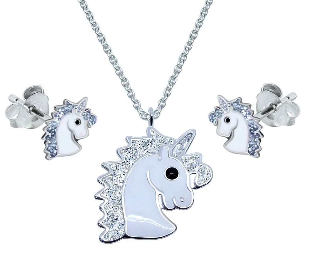 Katy Craig Unicorn Earrings and Necklace Set 925 Sterling Silver with Sparkly Glitter Effect