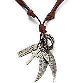 COOLSTEELANDBEYOND Retro Style Angel Wings and Cross Pendant Necklace for Mens Womens Adjustable Brown Leather Cord