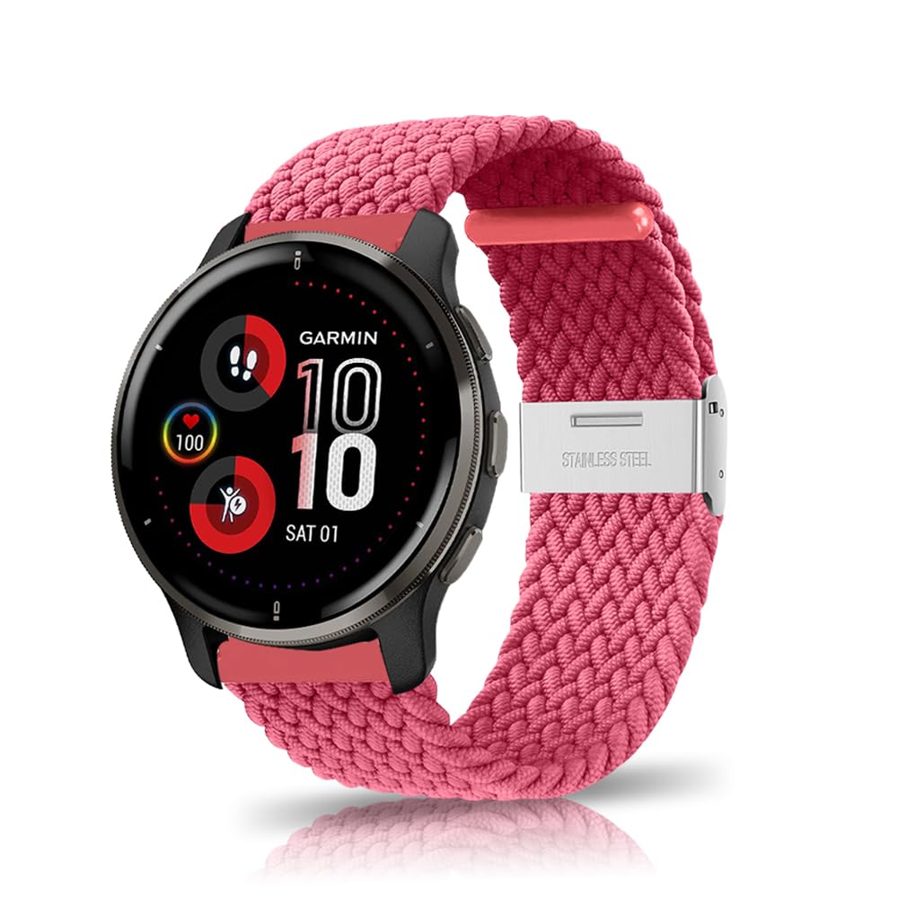ZoRoll 20 mm Braided Strap for Garmin Vivoactive 5/Vivoactive 3/Venu Sq 2/2 Plus, Elastics Nylon Adjustable Sport Replacement Band Compatible with Garmin Forerunner 165/Forerunner 245/645 - Dark Pink