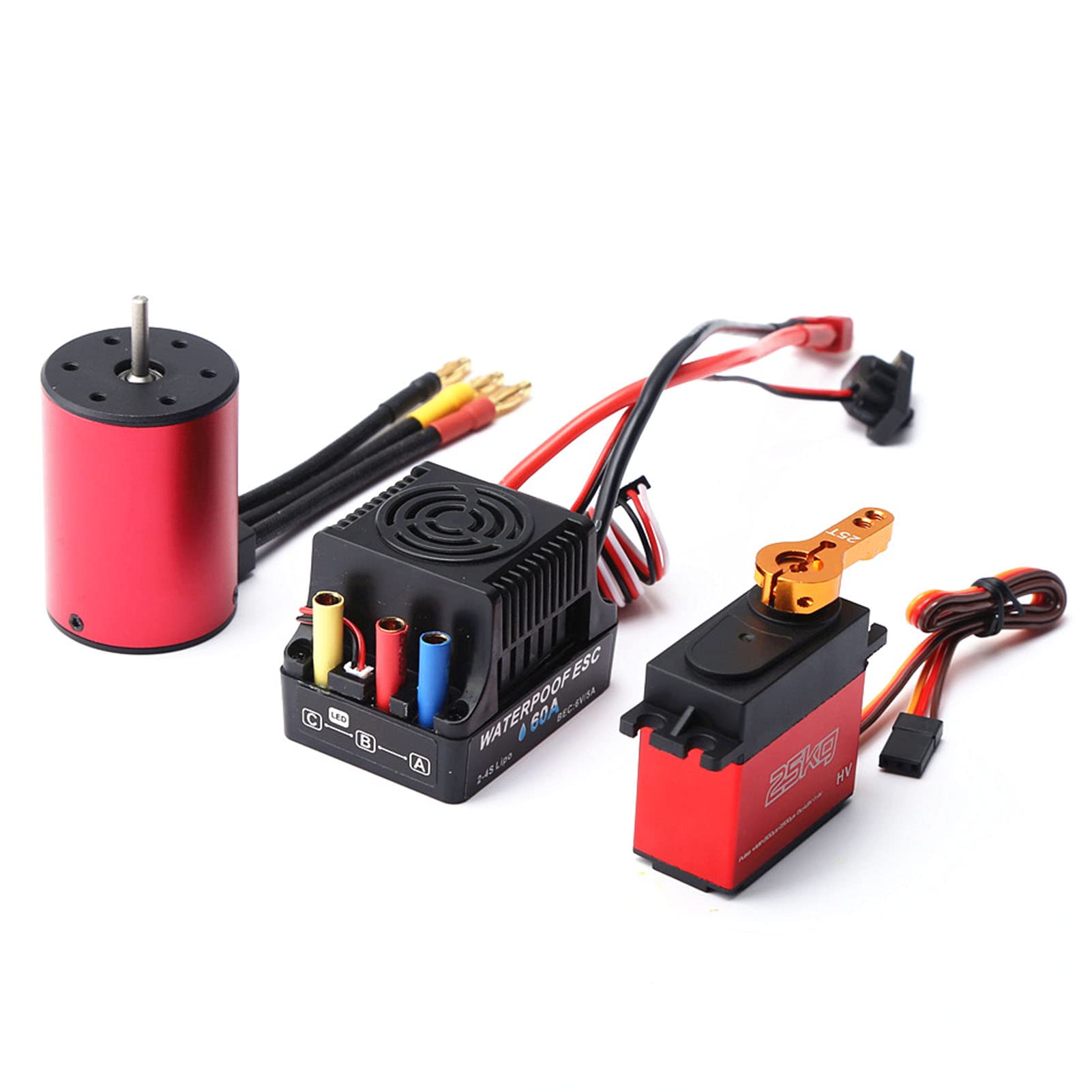 3650 Brushless Motor,HUIOP 5200KV Brushless Motor 3650 Waterproof Motor with 60A Brushless ESC 2-4S Lipo 25KG Digital Servo for 1/8 1/10 RC Car,1/10 RC car motor