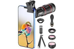 APEXEL 4 in 1 Phone Photography Kit, 18X Telephoto Lens, 198° Fisheye Lens, 15X Macro Lens, 0.63X Wide Angle Lens, Set with Flexible Phone Tripod, for iPhone Samsung Pixel
