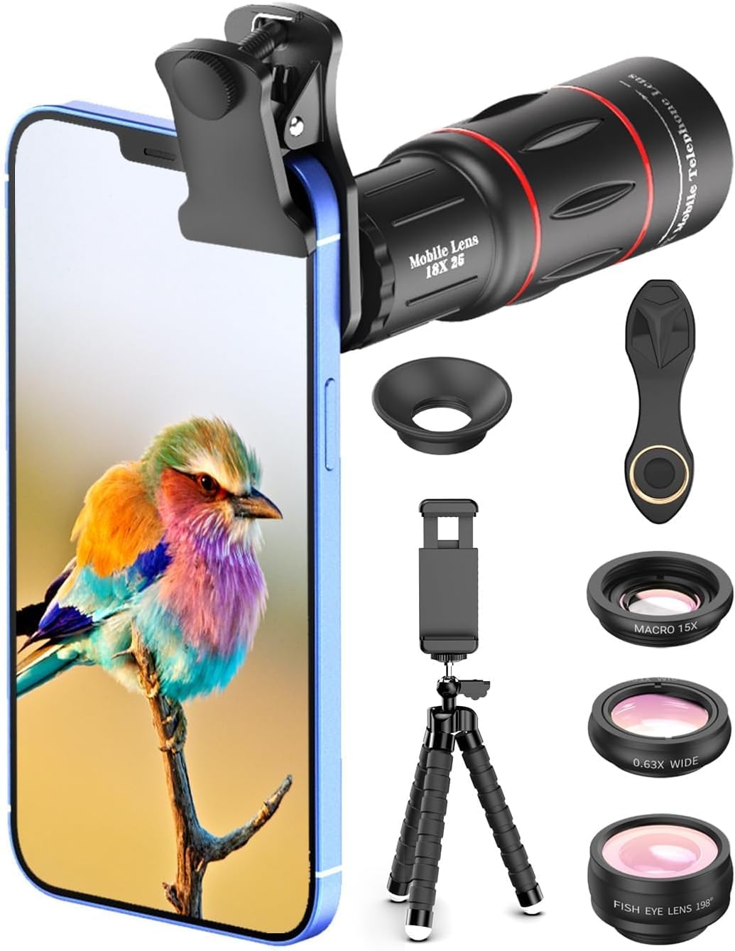 Apexel Camera Lens Kit,18x Monocular Telescope with Eyecup,0.63x Wide lens&15x Macro Lens,198¡ãFisheye Lens,Flexible Camera Tripod for iPhone and most Smartphone