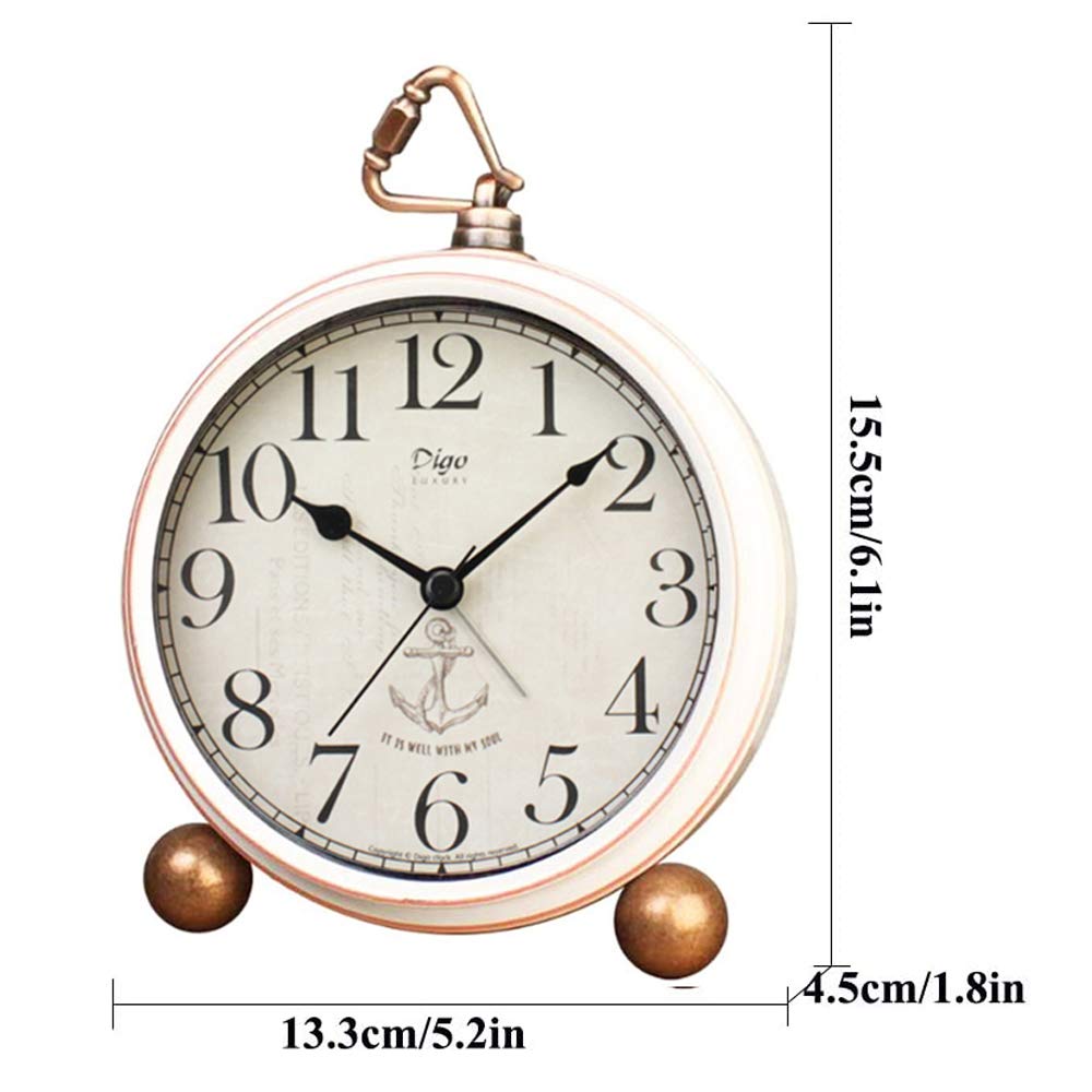 Justup Alarm Clock, 5.2 Inch White Vintage Retro Desk Analogue Quartz Clock with No Ticking, Silent, Battery Operated Quartz Movement, HD Glass for Bedroom/Living Room/Children (White)