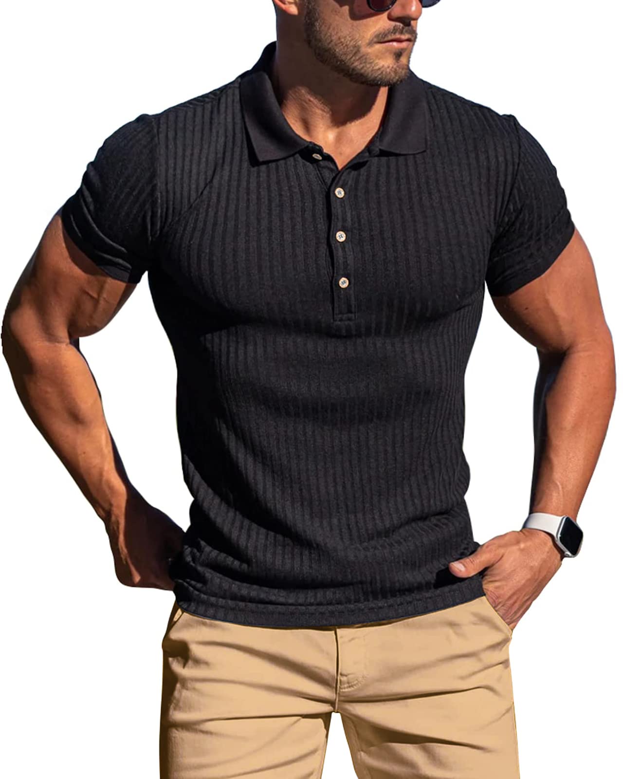 onzcy Muscle Polo Shirts for Men Short Sleeve Slim Fit Golf Shirts for Men Casual Dry Fit T Shirts Ribbed Knit Bowling Shirts