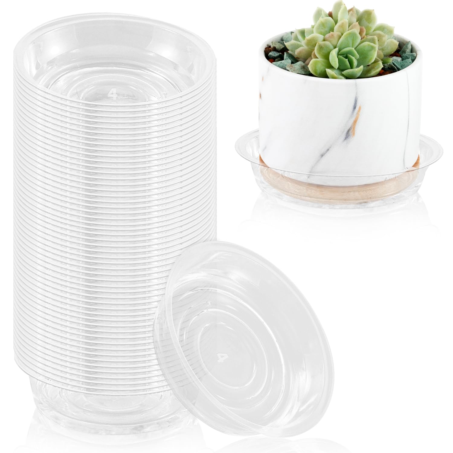 Photo 1 of 100 Pack 4 Inch Plant Saucer Clear Plant Saucers for Indoors Flower Pot Saucers Small Plants Plate Dish Succulent Pot Saucer Plants Trays for Pots Bulk Plastic Tray for Flower Cactus Nursery Pots
