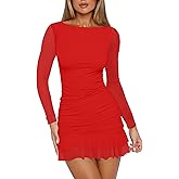 HOCILLE Women's Sexy Bodycon Boat Neck Mini Dresses Mesh Long Sleeve Ruched Ruffle Hem Club Party Short Dress