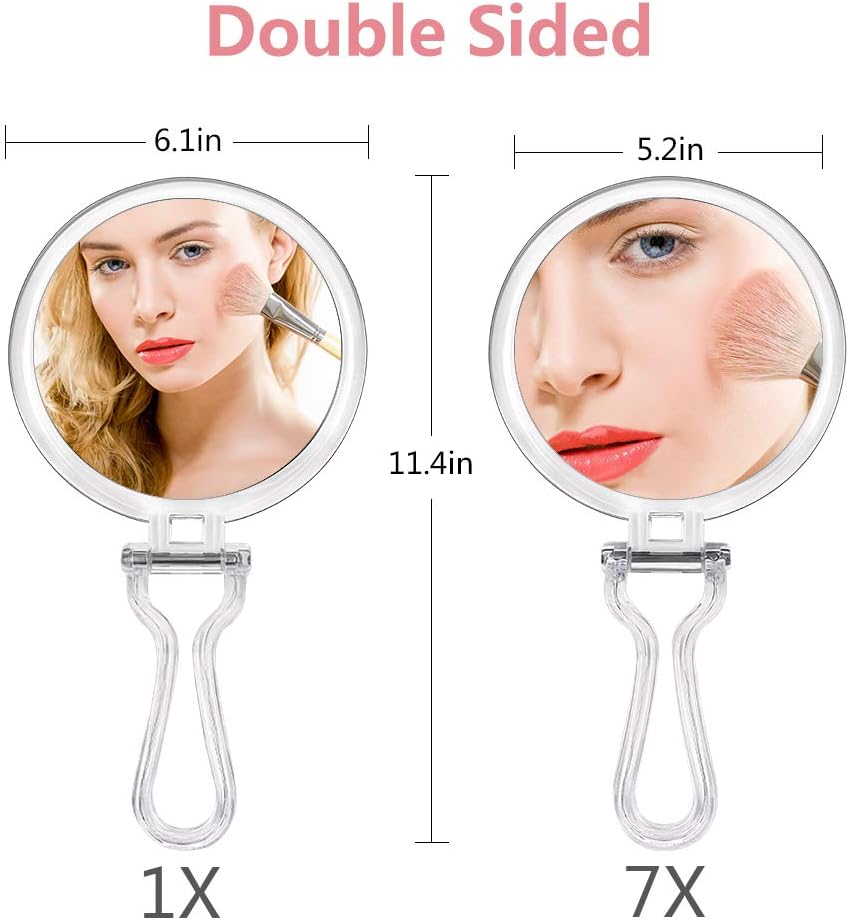 Cheftick Double Sided Hand Held Mirror - 1X & 7X Magnifying Travel Makeup Mirror with Adjustable Folding Handle, Portable, Transparent & Round (6"): Furniture & Decor