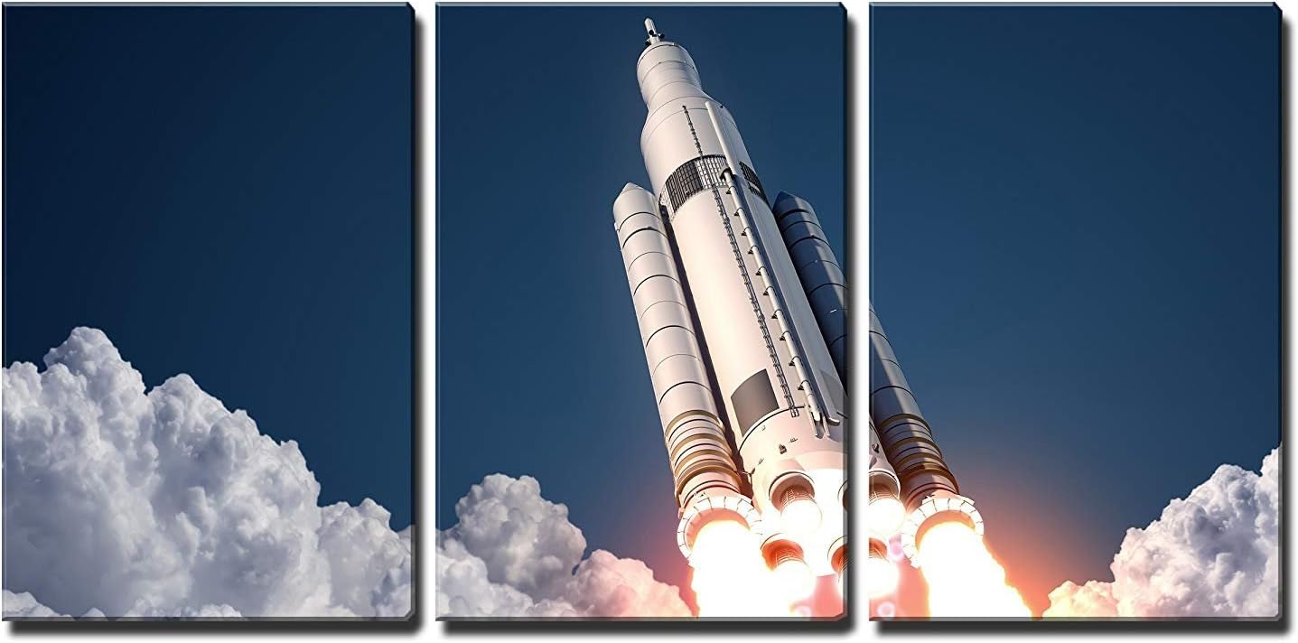 wall26 - 3 Piece Canvas Wall Art - Space Launch System Takes Off. 3D Scene. - Modern Home Art Stretched and Framed Ready to Hang - 16"x24"x3 Panels