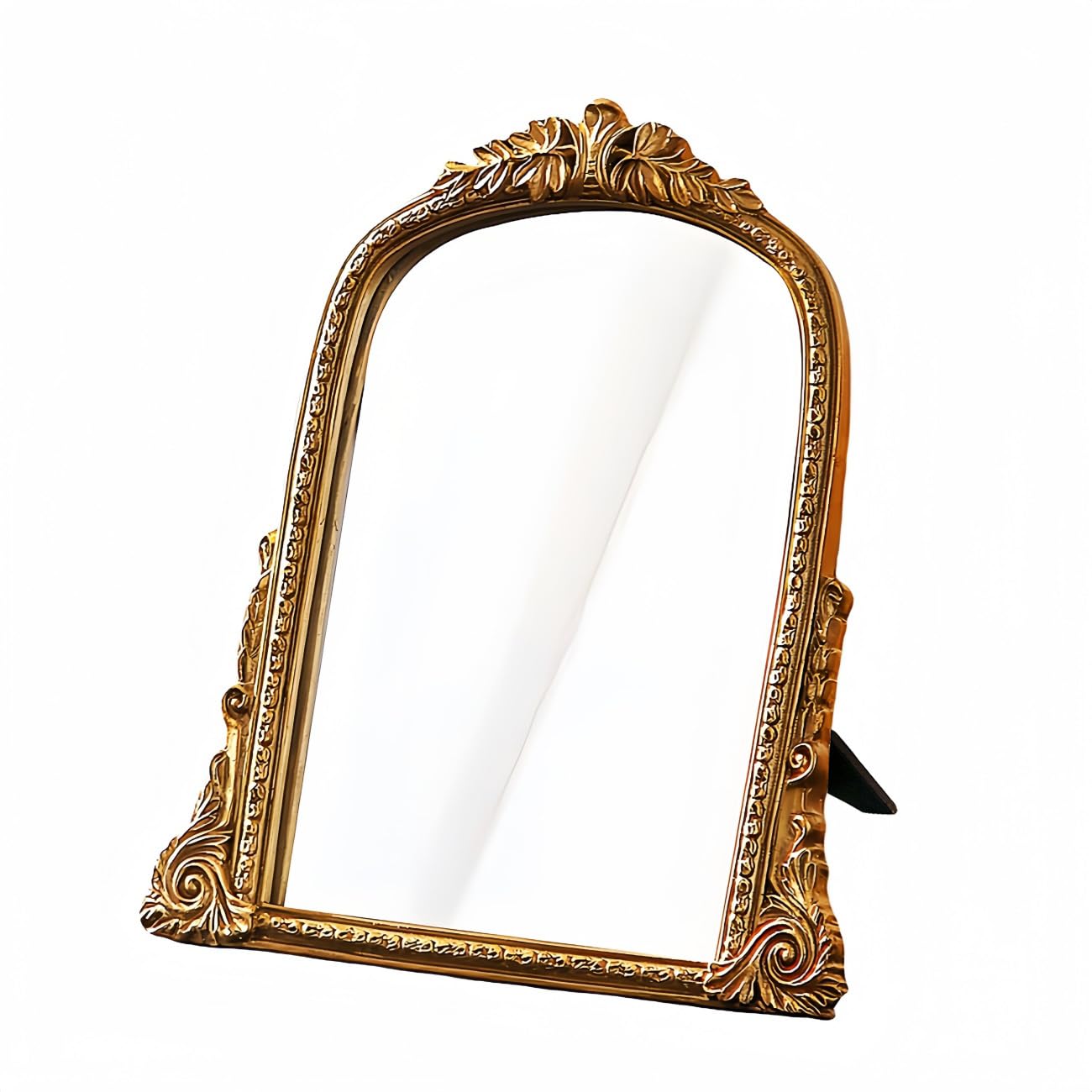 Photo 1 of HSDDHOME Vintage Gold Vanity Makeup Desk Mirror - Antique Chic Arch Table Mirror with Carved Resin Frame, Small Standing Arendahl Mirror for Living Room, Bedroom, Tabletop (13.2" x 12.8")