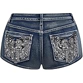 WDIRARA Women's Plus Size Embroidery Rhinestone Denim Shorts Grunge Punk Skinny Mini Jean Shorts