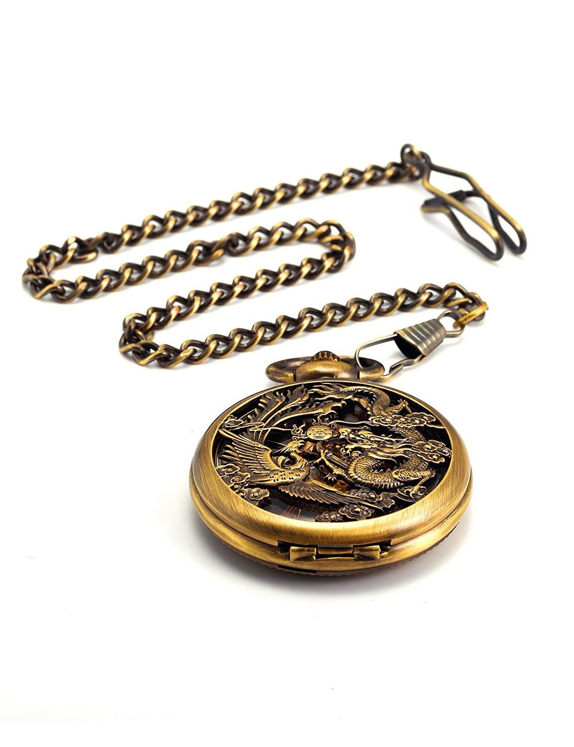 Carrie Hughes Antique Mechanical Pocket Watches for Men Lucky Dragon Phoenix Skeleton Roman Numberals with Chain and Box CH223