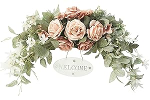 MISNODE Khaki Artificial Rose Flower Swag, Wedding Arch Flowers Garland, 30 Inch Hanging Rose Lintel Wreath with Welcome Sign and Oncidium for Party Front Door Wall Home Decor