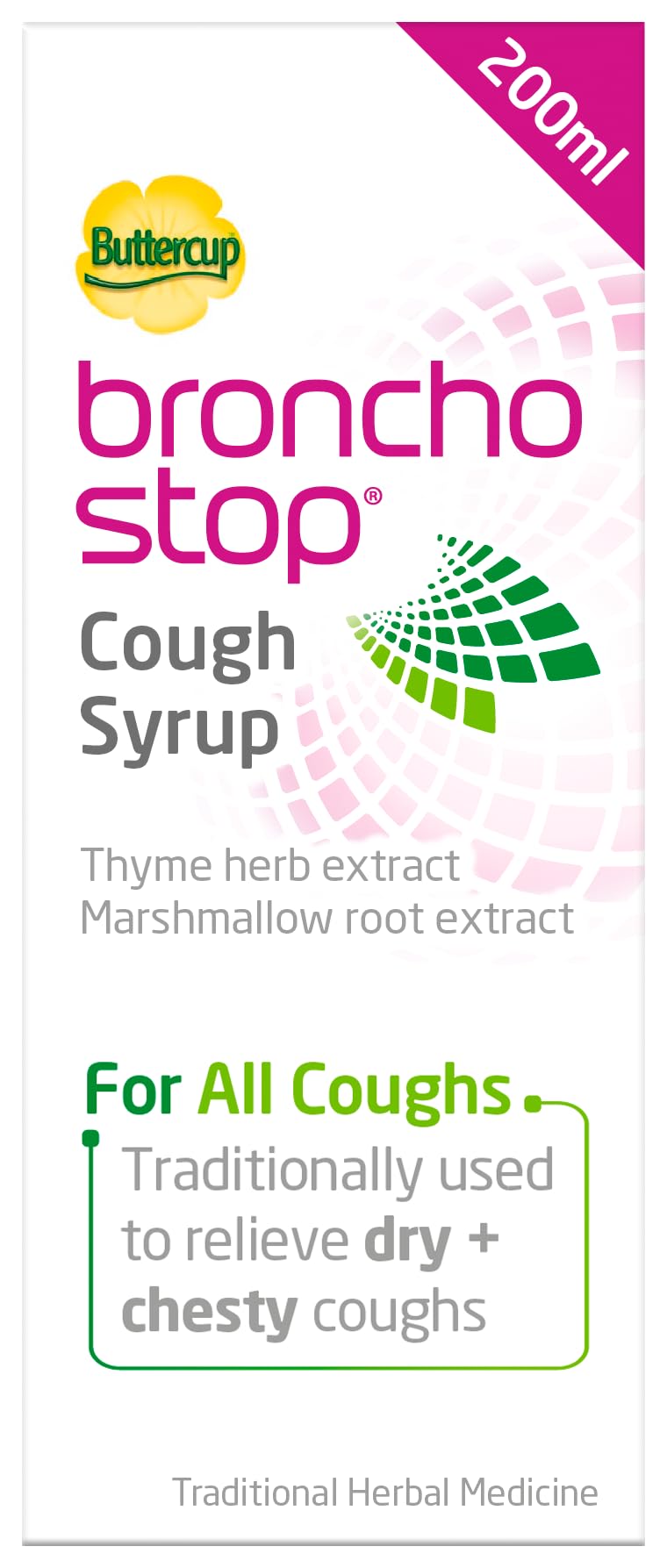 Bronchostop Cough Syrup 200ml - Used for Relief for Dry or Chesty Coughs - with Thyme Herb and Marshmallow Root Extract - Non Drowsy Cough Medicine that Can Be Diluted or Undiluted