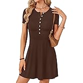 Rooscier Women's Button Down Crew Neck Short Sleeve Ruffle Hem A Line Flare Mini Dress