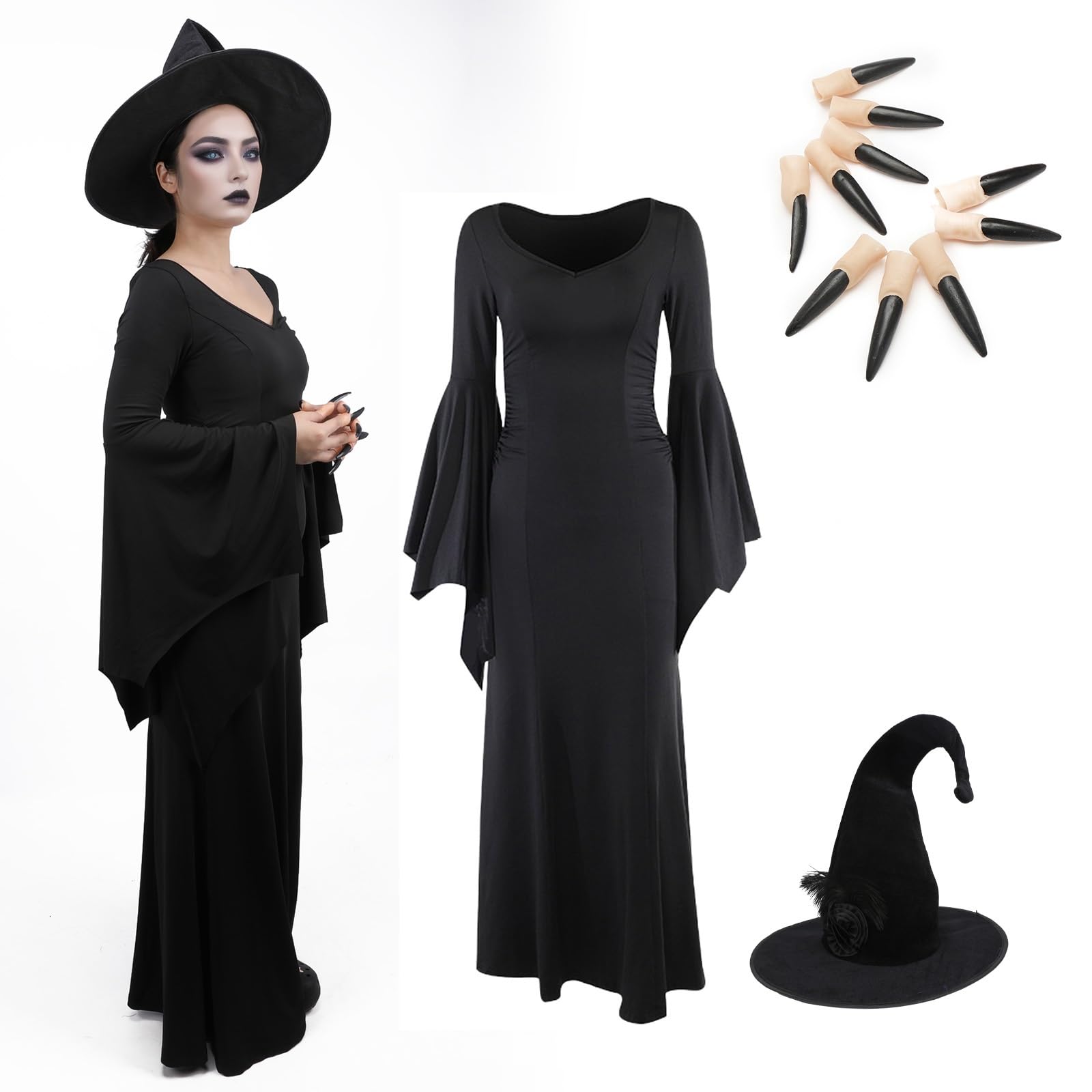 Adult Witch Costume, 3PCS Ladies Black Witch Dress Gothic Outfits with Hat Nails Props, Halloween Party Fancy Dress Up (3 PCS, Large)