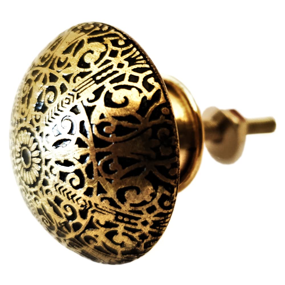 French Furniture Fittings Set of 6 Black Brass Patterned Knobs Kitchen Cabinet Pulls for Cupboard Doors, Drawer Handles - Easy Install Vintage Shabby Chic 38mm Diameter - Round