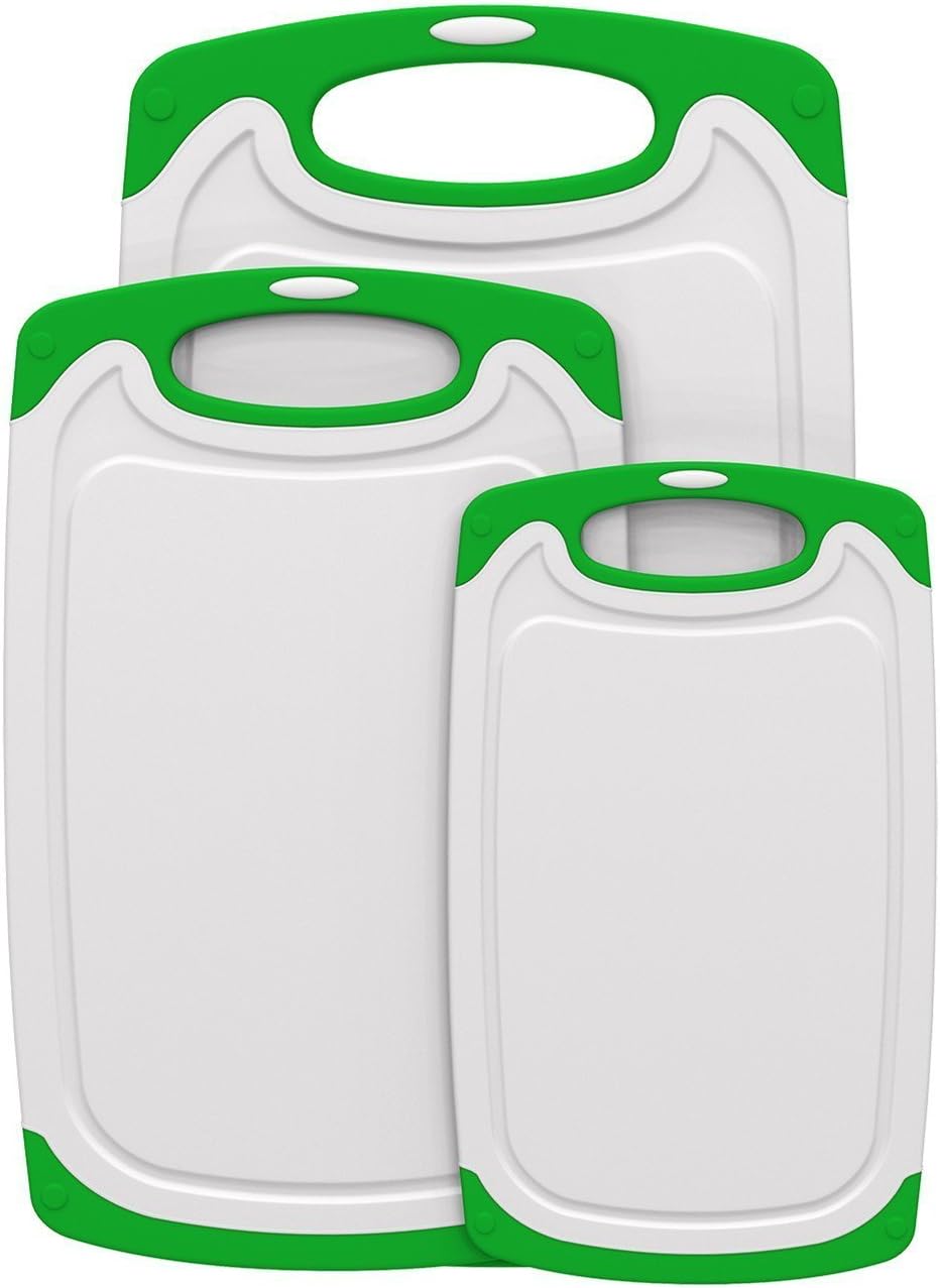 Sharpro 3-Piece Dishwasher Safe Plastic Cutting Board Set with Non-Slip Feet and Drip Juice Groove, (Lime Green)